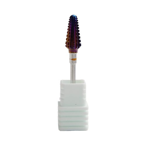 Fresa de carburo tipo tornado multicolor para torno de uñas, diseñada para la remoción intensiva y rápida de gel y acrílico, optimizando el tiempo de trabajo profesional